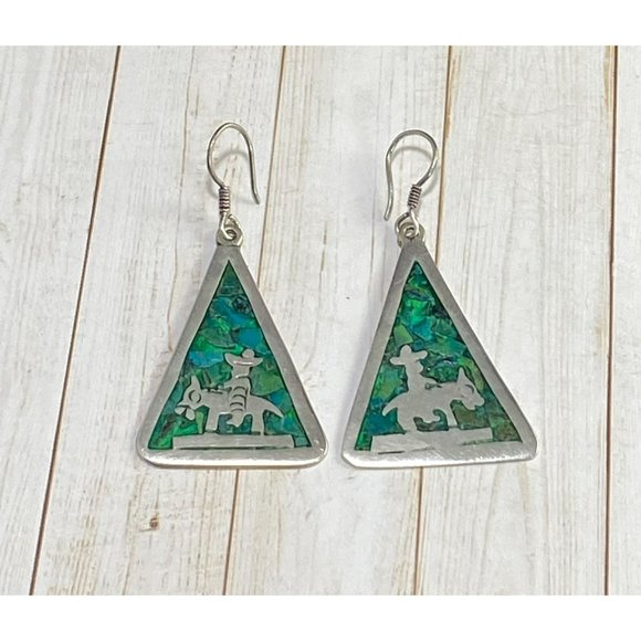 Taxco Mexico 925 Earrings Turquoise Inlay Man Riding Donkey Artist JGC - Picture 3 of 7